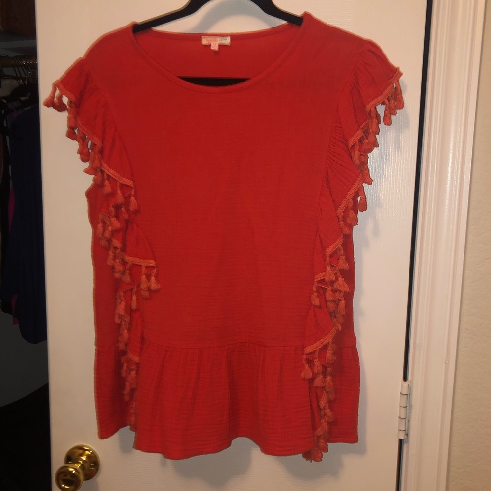 Red tasseled linen shirt